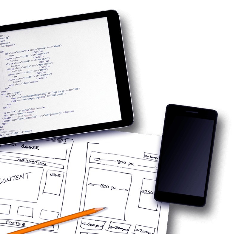 Website blueprint with code on a tablet